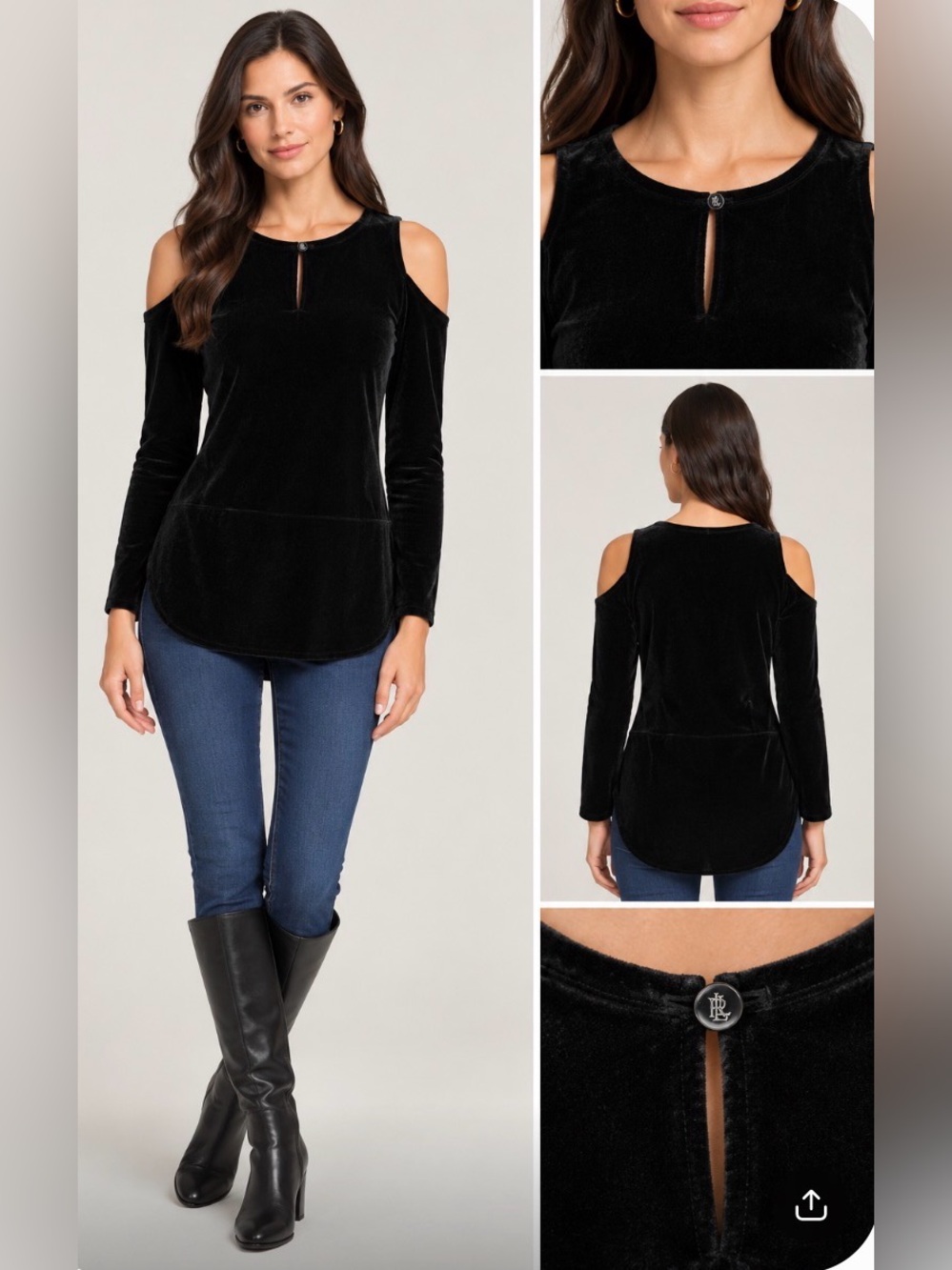 Lauren Ralph Lauren Black Velvet Cold Shoulder Top Blouse Size S LRL Button